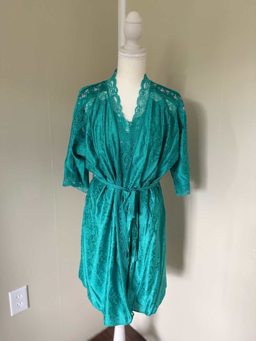 Vintage 70s Stardust Fairycore Emerald Green Teal Chemise Peignoir Set Florets L - Picture 6 of 16